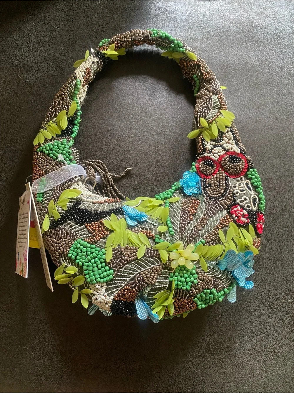Hand-Beaded Floral Accent Shoulder Bag in Green